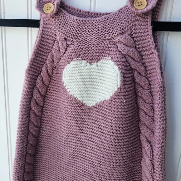 Boutique Pink Sweater Cable Knit Heart Overalls for Kids Girls 6-9 Months - Picture 2 of 5